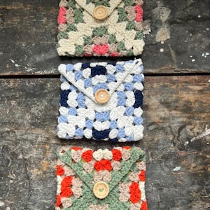 Handmade Crochet Granny Square Pouches with Cotton Fabric Lining