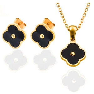 2 Pcs Lucky Four-Leaf Clover Jewelry Set, Shine Gold-Plated Stainless Steel Necklace, Earrings Set Gift for Women and Girls