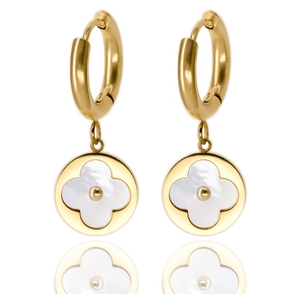 18k Gold Plated Four Leaf Clover II Gold Filled High-Quality Jewelry II Stainless Steel Flower and Mother of Pearl Hoop Drop Earrings II