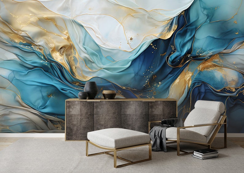 Fluid Blue and Gold Mural Peel and Stick Abstract Mural Etsy