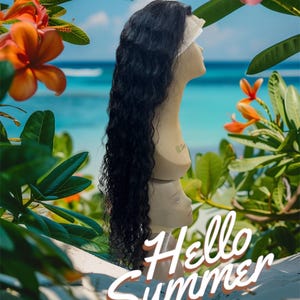 Może przedstawiać: Długa, czarna, falująca peruka na głowie manekina, na tle tropikalnej roślinności i błękitnego oceanu. Tekst "Hello Summer" jest napisany stylizowanym fontem pod peruką.