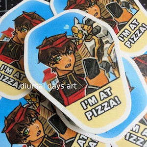 May include: A collection of anime-style stickers featuring a character with brown hair and green eyes, wearing a red headband and a black uniform. The stickers have the text "I'M AT PIZZA!" and a blue sky background.