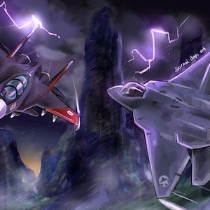 Puede incluir: Ilustración de dos aviones de combate en un cielo tormentoso con relámpagos. Un avión es oscuro con detalles en rojo, el otro es gris. Los aviones están en vuelo, con la firma del artista en la esquina superior derecha.