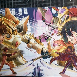 May include: A colorful illustration of two characters from a popular anime series. The characters are standing in front of their respective giant robots, which are engaged in a battle. The robots are both gold and white, with one having pink accents. The background is a blurry image of a city.
