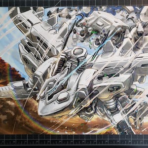 May include: An illustration of a large, detailed white and gray robot with a futuristic design. The robot is set against a backdrop of a blue sky and a desert landscape, with a rainbow effect in the foreground. The artwork is signed "diurnal days".