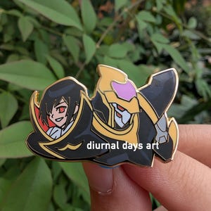 May include: A detailed enamel pin featuring a character from an anime series. The pin has a black, gold, and purple color scheme, with the text "diurnal days art" on the front. The design is a stylized illustration.