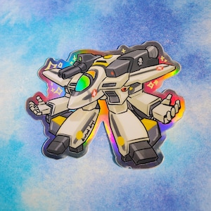 Puede incluir: Pegatina holográfica de un robot de dibujos animados blanco y gris con detalles amarillos. El robot tiene una calavera negra en la cabeza y una cabina de color arcoíris. La pegatina tiene el texto "diurnal days".