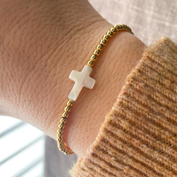 Mini Cross Bracelet / 18k Gold Filled Beads for no tarnish / Natural Shell Cross with 3mm Gold Beads / Gold Cross Bracelet White Cross Faith
