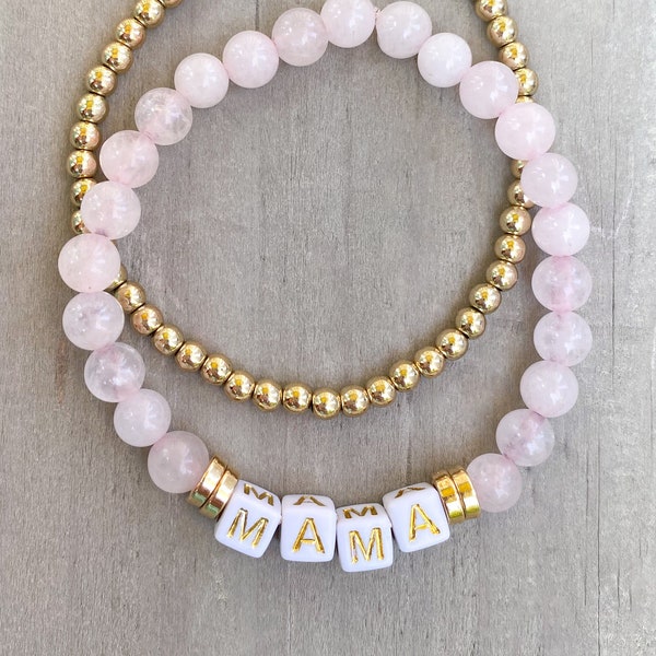 Mama Bracelet / Rose Quartz Mama Bracelet / Pink Mama Bracelet / Pink and Gold Mama Bracelet / Beaded Mama Bracelet / Mama Beaded Bracelet