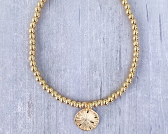 Gold Sand Dollar Bracelet / Sand Dollar Charm Bracelet / Beach Bracelet / Gold Bracelet / Gold Beaded Beach Bracelet / Gold Sand Dollar 3mm