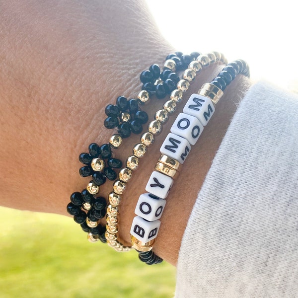 Boy Mom Bracelet / Mom Bracelet / Black Mama Bracelet / Black Name Bracelet / Black Beaded Bracelet / Black Bracelet  Boy Mom Bracelet Stack