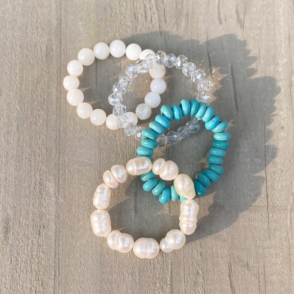 Beach Beaded Rings / Beaded Rings / Teal Beaded Ring / Pearl Beaded Ring /Beaded Ring Stack / Surfer Beaded Rings / Stackable Rings / Beach