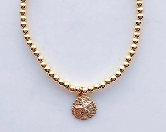 18k Gold Filled Sand Dollar Charm Bracelet, 3mm Beaded Beach Jewelry