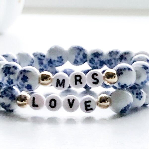 Mrs Bracelet / Love Bracelet / Bridal Bracelet / Name Bracelet / Blue Porcelain Floral / Blue Floral Personalized Bracelet / Beaded Bracelet