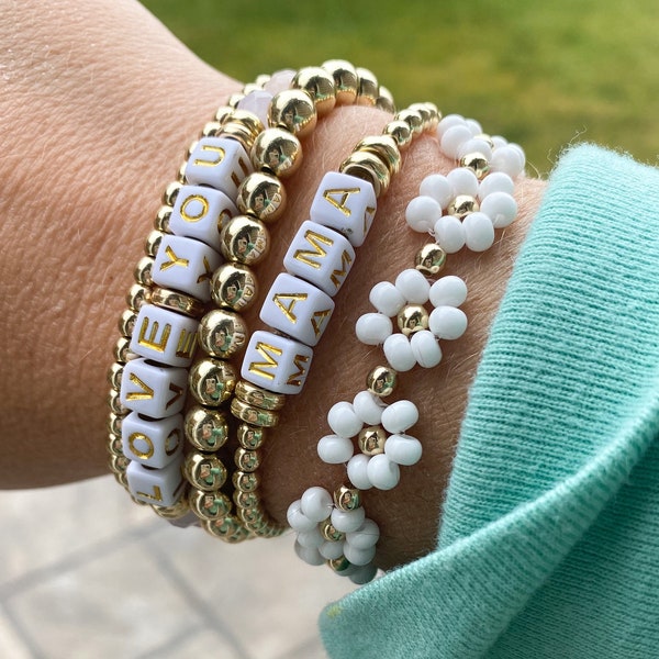 MAMA Bracelet / Mom Bracelet / Gold Mama Bracelet / Flower Beaded Bracelet / Mom Beaded Bracelet / Mama Name Bracelet Beaded Flower Bracelet