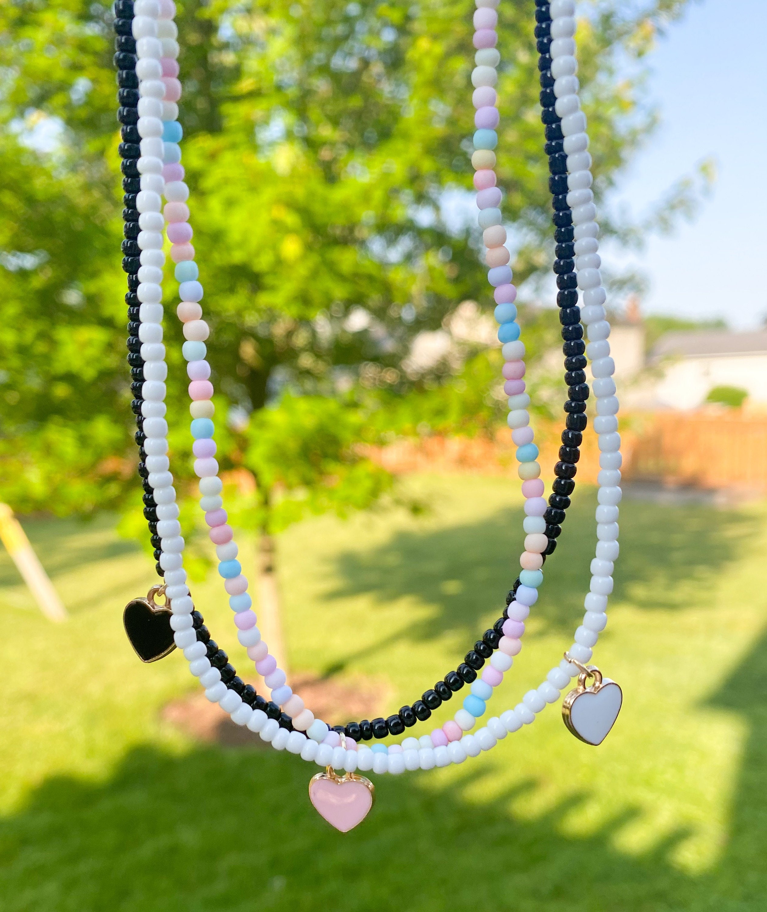Rainbow Beaded Heart Necklace / Candy Colored Beaded Heart