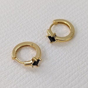 18 Carat Gold Black Onyx Huggies - 18K Gold Plated Mini Earrings - Minimalist Dainty Huggies - Tiny Hoop Earrings - Cartilage Daith Hoops