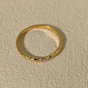 18K CZ Gold Plated Stacking Ring - Dainty Minimalist Ring - Gold Hammered Ring - Thin Gold Ring Band - Simple Unisex Ring