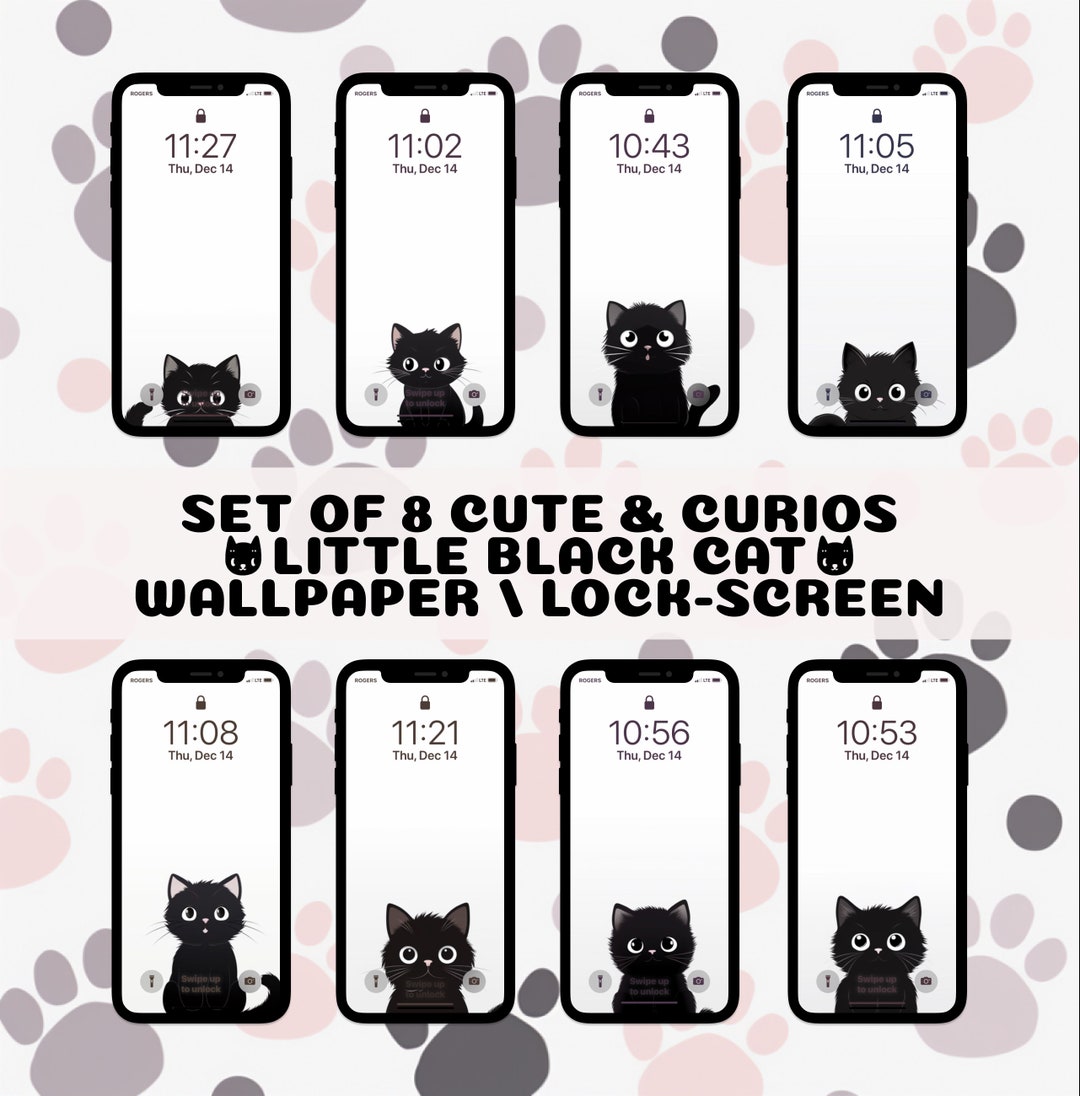 Set of 8 Cute Little Black Cat Wallpaper Lock Screen android iPhone Etsy