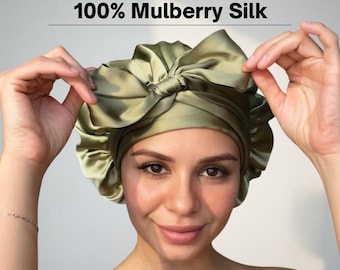 100% Mulberry Silk Sleep Bonnet – 22 Momme Reversible Sleep Cap/Hat, Double-Layer Adjustable Silk Hair Wrap