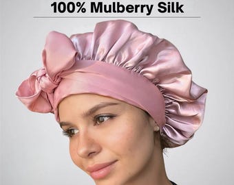 100% Mulberry Silk Sleep Bonnet – 22 Momme Reversible Sleep Cap/Hat, Double-Layer Adjustable Silk Hair Wrap