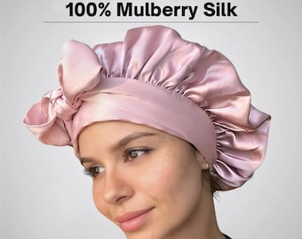 100% Mulberry Silk Sleep Bonnet – 22 Momme Reversible Sleep Cap/Hat, Double-Layer Adjustable Silk Hair Wrap