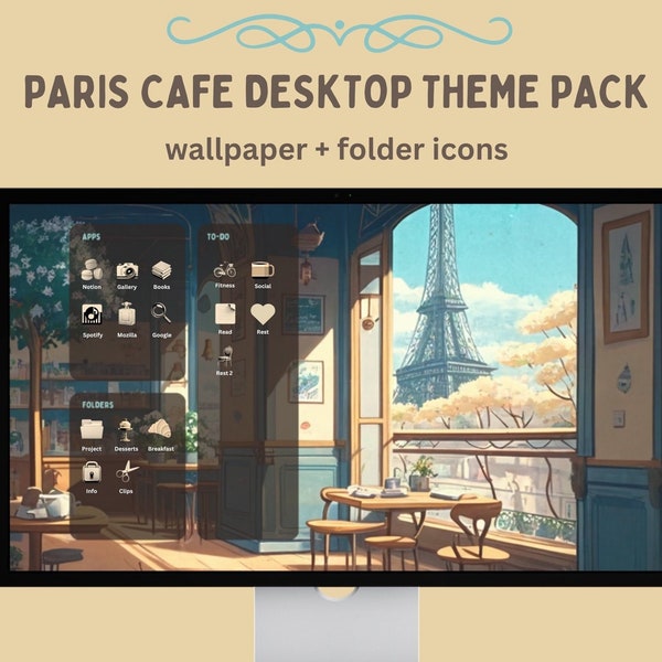 Paquete de temas de escritorio Paris cafe/iconos de carpetas de archivos para mac y windows + fondo organizador de fondos de pantalla