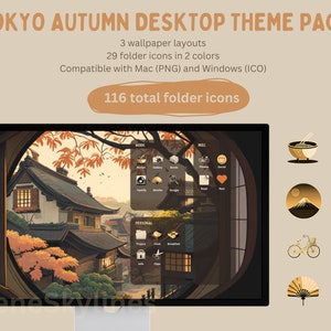 Pacchetto organizer per desktop autunno Tokyo / icone kawaii per desktop per Mac e Windows + sfondo organizer per carta da parati