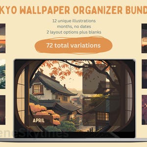 Organizador de fondos de pantalla ilustrado de Tokio con 12 calendarios de fondos de pantalla para escritorio.