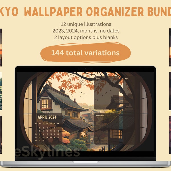 Illustrated Tokyo wallpaper organizer set of 12 wallpaper calendar desktop background