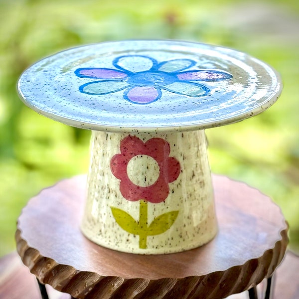 Retro Vibe Pottery Cake Cupcake Stand  Handmade Wheel Thrown Speckled Stoneware Pop Culture Mod Floral Side B Ceramics