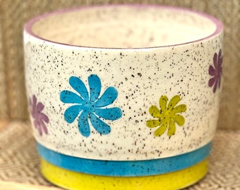 Retro Vibe Pottery Planter Handmade Wheel Thrown Speckled Stoneware Pop Culture Mod Floral Side B Ceramics