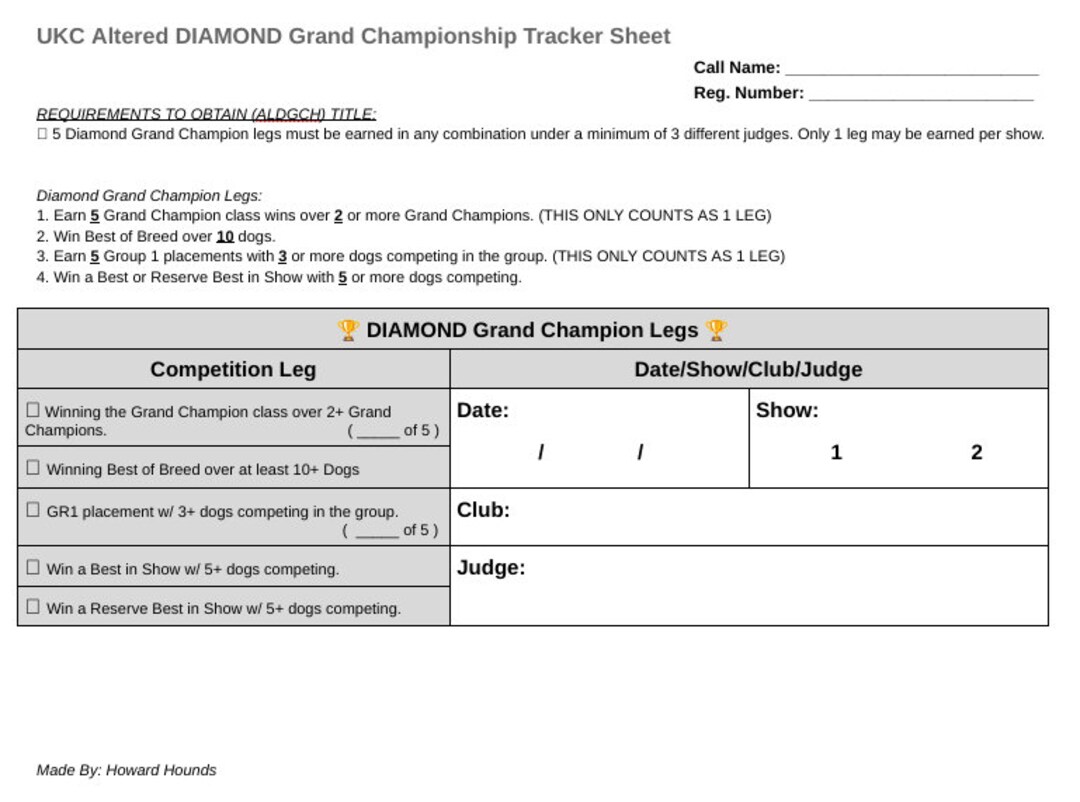 UKC Altered DIAMOND Grand Championship Points Sheet Etsy
