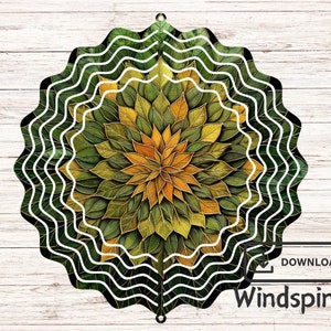 May include: A green and yellow wind spinner with a leaf design. The wind spinner has a circular shape with multiple layers of leaves. The leaves are arranged in a spiral pattern, creating a sense of movement. The wind spinner is made of metal and has a white background.