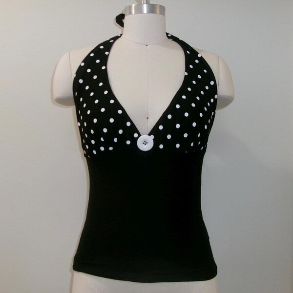 White & Black Polka Dot Satin Slim Fit V-Neck Sleeveless Halter Crop Top