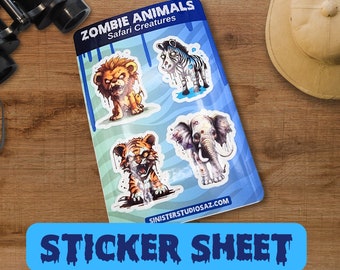 Zombie Safari Creatures Sticker Pack – 4 Horror Animal Stickers: Lion, Tiger, Elephant, Zebra | Creepy Cute Vinyl Sticker Sheet Gift