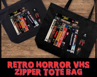 Retro Horror VHS tote bag with zipper closure, gift for horror fan, reusable shopping tote, horror movie tote bag gift for her, horror bag