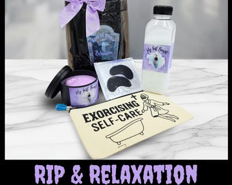 RIP and Relaxation Spa Kit Gothic Self Care Gift Set with Candle, Bath Salts, Eye Mask Lavender or Eucalyptus Horror Mother's Day Gift