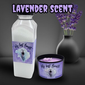 May include: A clear bottle filled with white granules, a black candle, and a black vase with purple flowers. The bottle and candle have a purple label with the text "My last Breath" and a screaming ghost graphic. The text "LAVENDER SCENT" is at the top.