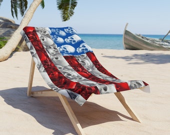 Schädel-Flagge Strand-Tuch 4. Juli Urlaub Pool-Handtuch Strand Picknick rot weiß und blau Geschenk für paar Horror Strand-Tuch 4. Juli Handtuch