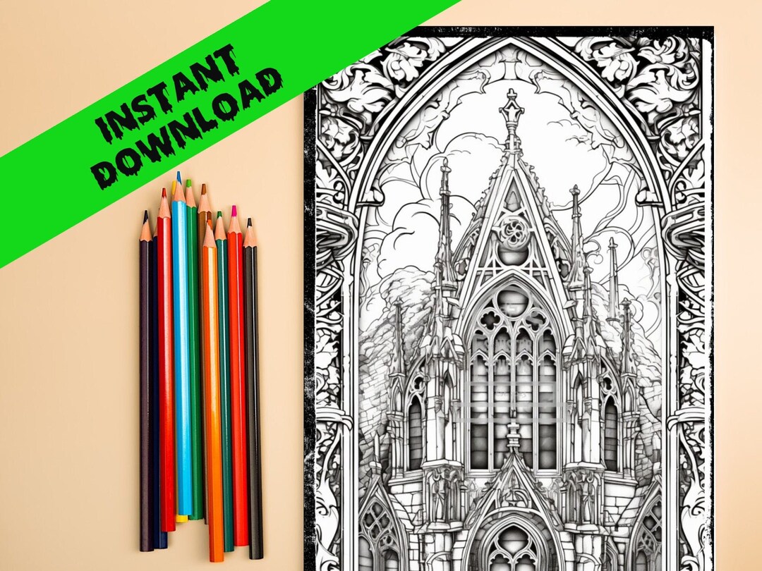 Gothic Castle Coloring Page Downloadable Coloring Sheet Spooky Adult ...