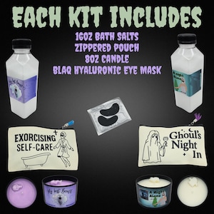 May include: A collection of self-care products, including bath salts, a zippered pouch, an 8oz candle, and an eye mask. The image features text that reads "Each Kit Includes" and "Exorcising Self-Care". The products are arranged on a black background.