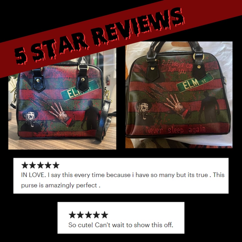 May include: A red and green striped handbag with a black handle and strap. The bag features a graphic print of Freddy Krueger from the movie A Nightmare on Elm Street. The bag has a gold metal tag with the text "2 Freddy's Con For You" and "ELM ST.". The bag also has the text "Never sleep again".