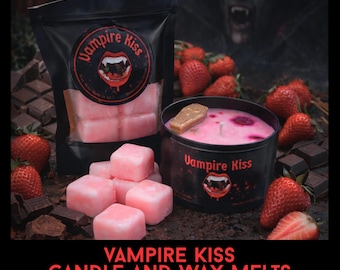 Vampire Kiss Candle and Wax Melts | Chocolate Strawberry Scent | Gothic Vampire Decor | Horror Candle Gift | Sinister Studios AZ