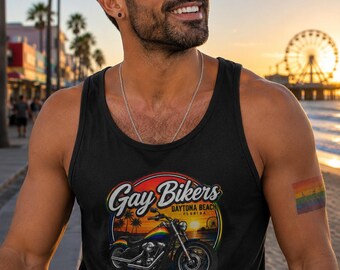 Camiseta regata Gay Bikers Daytona Beach, camiseta retrô do orgulho motociclístico, regata de praia LGBTQ+, presente para a Semana da Moto, vestuário para motociclistas da Flórida