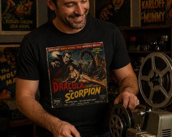 Dracula vs Scorpion Graphic Tee Retro Horror 8mm Film Box Movie Poster T-Shirt