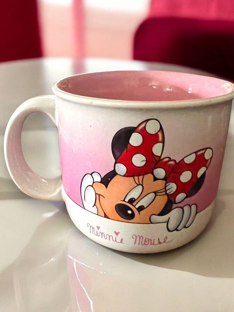 Walt Disney World Minnie Mouse Peek-a-Boo Red Pink White Ceramic Coffee Mug Cup 1987 Collectible Rare Vintage Disney Parks Disney Rarity image 2