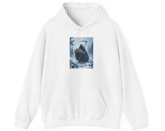 Sudadera con capucha de Grim Reaper cabalgando sobre un castor gigante, sudadera de Death Reaper, jersey gótico con capucha, jersey unisex único, disfraz de Halloween, invierno