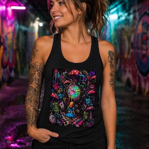 Psychedelic Alice Tank Top Neon Wonderland Graphic Racerback Women Boho Tee