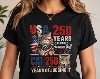 Chemise USA 250 ans chat à en juger t-shirt drôle de chat patriotique 4 juillet cadeau pour amoureux des chats USA cinquantième anniversaire 2026 chemise fête de l'indépendance